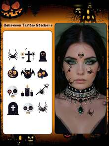 1 件万圣节临时纹身南瓜蝙蝠蜘蛛卡通防水防汗一次性纹身贴纸适用于男女脸部、颈部、手臂、手指、胸部身体艺术假纹身手指贴纸 - 彩色 - 查看 15