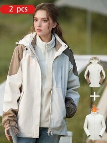 1pc Women Outdoor Sports Hiking Camping Windproof Waterproof Fleece Detachable 3-In-1 Heated Warm Jacket
