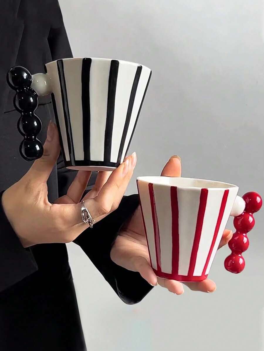 1 件复古条纹陶瓷杯，时尚设计情侣咖啡杯，独特的早餐茶杯，回到学校 - 彩色 - 查看 1