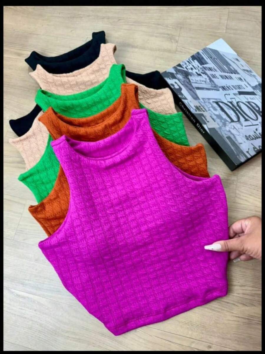CROPPED TANK TOP - BUBLE FABRIC - 玫瑰紅 - 查看 1