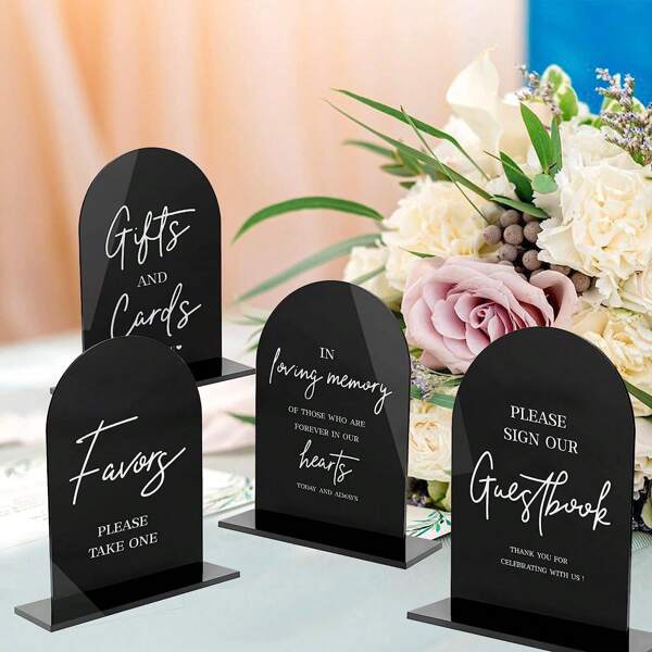 4 Peças Placa Preta de Recepção de Casamento, Placa de Arco Acrílica Branca de 5"X7" com Suporte, Espessura de 1/8" | Placa de Cartão e Presente | Placa de Livro de Visitas | Placa de Mesa de Memórias de Casamento | Placa de Mesa de Recepção em Estilo Moderno, Adequado para Casamento e Eventos, Decoração de Casamento, Decoração Doméstica, Decoração de Festa, Lembrancinhas de Noiva, Aniversário, Formatura, Decorações de Festa, Decorações de Festa de Despedida de Solteira