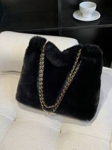 1pc Woven Chain Fuzzy Large Capacity Shoulder Bag, Magnetic Closure, Suitable For Women's Daily Use, Autumn/Winter New Arrival