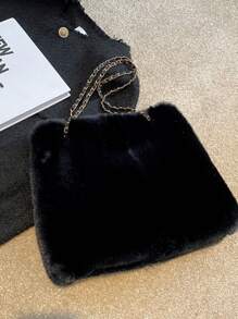 1pc Woven Chain Fuzzy Large Capacity Shoulder Bag, Magnetic Closure, Suitable For Women's Daily Use, Autumn/Winter New Arrival