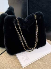 1pc Woven Chain Fuzzy Large Capacity Shoulder Bag, Magnetic Closure, Suitable For Women's Daily Use, Autumn/Winter New Arrival