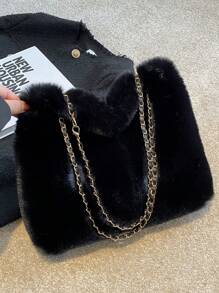 1pc Woven Chain Fuzzy Large Capacity Shoulder Bag, Magnetic Closure, Suitable For Women's Daily Use, Autumn/Winter New Arrival