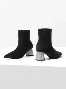 DREAM PAIRS Women Rhinestone Decor Valentines Day Point Toe Chunky Heeled Classic Glamorous Slip-On Ankel Boots For Women With Rhinestone Heel & Pointed Toe Elegant Basics Business Casual Business Chic Halloween Valentines