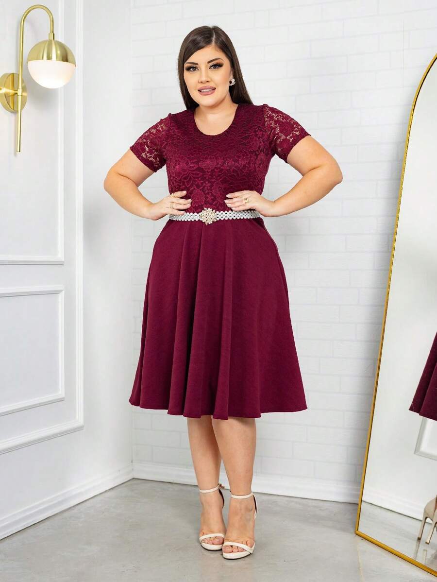 Women's Wedding Midi Godê Dress Evangelical Fashion Free Belt - 紫紅色 - 查看 1