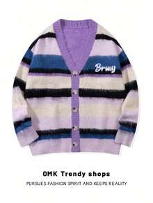 Women's Loose Fit Color Block Striped Button V-Neck Cardigan, Embroidered Letter Long Sleeve Knit Sweater, Warm For Autumn/Winter - Purple - View 6