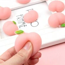 4 pièces Jouets moelleux en forme de pêche adorables, accessoires de bureau à presser pour soulager le stress - Rose bonbon - Voir 3