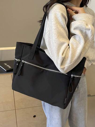 1pc Black Nylon Shoulder Tote Bag, Minimalist Lightweight Practical Large Capacity Women's Shoulder Bag, College Style Backpack For School, Foldable Cloth Bag Suitable For Daily Use, Shopping, Short-Distance Travel, Fashion Casual