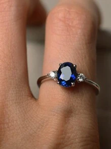1pc Elegant Commitment Ring With Inlaid Dark Blue Cubic Zirconia - Suitable For Women And Girls