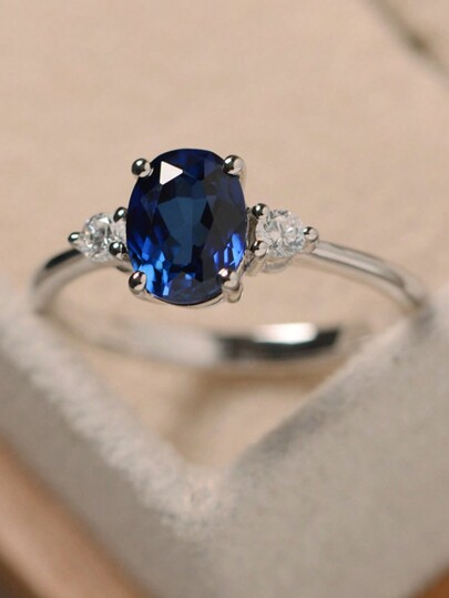 1pc Elegant Commitment Ring With Inlaid Dark Blue Cubic Zirconia - Suitable For Women And Girls