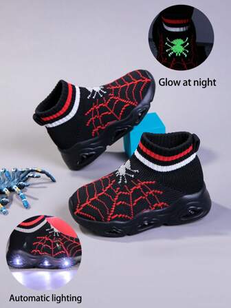 New Children Luminous Spider Pattern Lightweight Casual Shoes, Soft Breathable Mesh, Anti-Slip Outdoor Sports Shoes With Glowing Soles, All Season