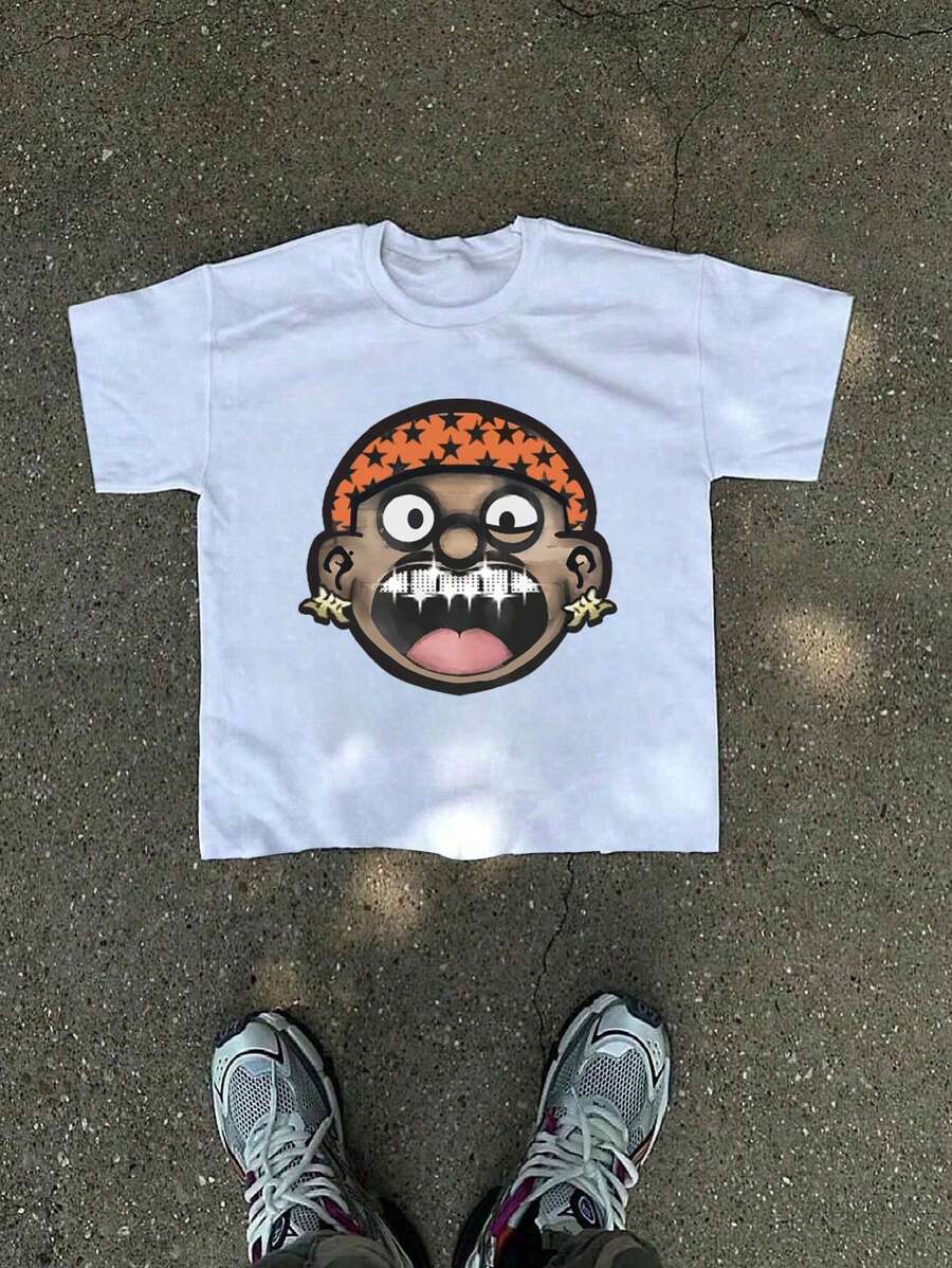 1 件装男童休闲印花圆领短袖 T 恤夏季学生青年装 - 白色 - 查看 1