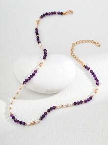 S925纯银多巴胺紫水晶项链天然珍珠小众轻奢女款时尚适合日常礼物节日佩戴圣诞节万圣节礼物精美珠宝盒 - 金黃色 - 查看 1