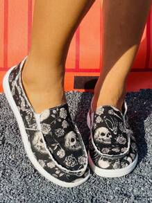 女士万圣节新款平底休闲运动鞋，骷髅和玫瑰图案休闲女鞋，节日风格轻便舒适帆布鞋 - 黑色 - 查看 3