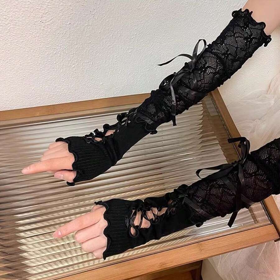 1 对 Y2k 芭蕾风格性感蕾丝 DIY 绑带防晒袖 Jk 臂套优雅万圣节情人节 - 黑色 - 查看 1