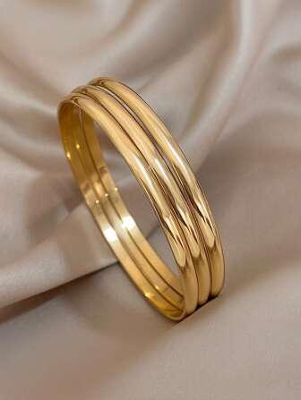 3 件 18K 镀金不锈钢手镯，女士简约基本款设计防水时尚珠宝