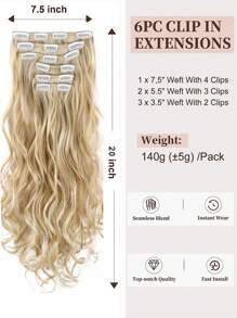夹式接发长波浪 6 件隐形夹式厚假发草莓金色/漂白金色挑染假发柔软全头合成纤维女士 20 英寸 - 挑染金色 - 查看 4