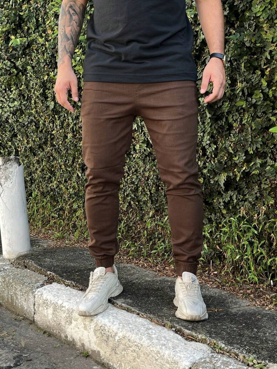 Men's Light Beige Jogger Jeans With Elastane Premium Line Black Lead Gray - 鏽棕色 - 查看 1