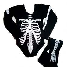 Disfraz De Calavera Niña + Mallas De Calavera, Grueso, Body - Blanco y Negro - Ver 4