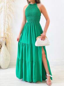 Elastek Elegant Slit Halter Neck Long Dress - Green - View 2