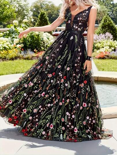 V领蕾丝刺绣长款修身A字裙，后背系带，女士正式舞会礼服，黑色优雅晚宴婚礼宾客礼服，毕业典礼、晚宴派对、情人节、春假等场合皆宜