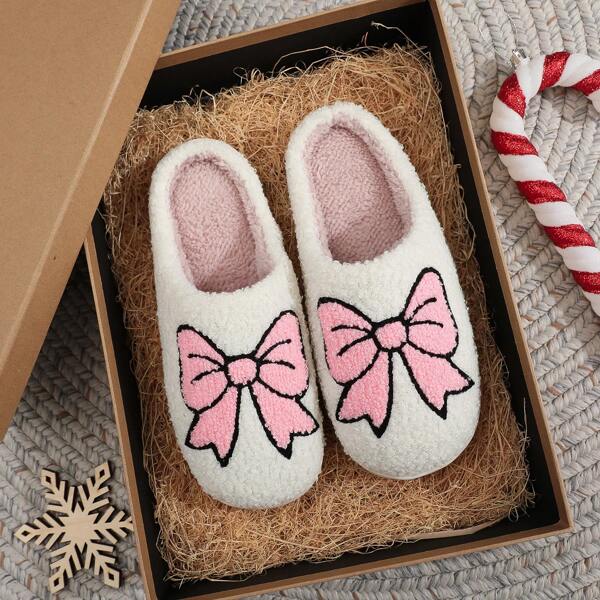 Zapatillas de estar por casa cálidas con bordados, moños lindos y mullidas, regalo de Navidad y San Valentín para mujer