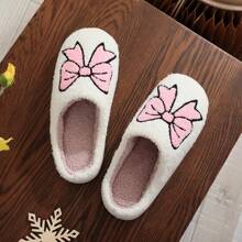 Zapatillas de estar por casa cálidas con bordados, moños lindos y mullidas, regalo de Navidad y San Valentín para mujer