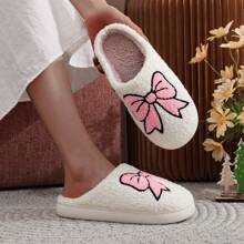 Zapatillas de estar por casa cálidas con bordados, moños lindos y mullidas, regalo de Navidad y San Valentín para mujer