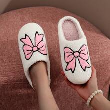 Zapatillas de estar por casa cálidas con bordados, moños lindos y mullidas, regalo de Navidad y San Valentín para mujer