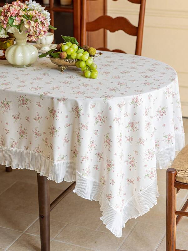 1pc Tablecloth With Floral Ruffled Hem, Polyester Fabric, Pink Flower Pattern, Rectangular Or Square Shape, Suitable For Dining Room And Living Room Table Decor