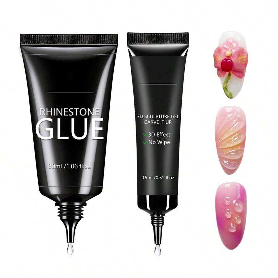 GLOZ 30毫升美甲水钻凝胶套装，包含15毫升3D美甲雕塑凝胶，用于美甲设计、DIY美甲雕刻和3D美甲艺术。
