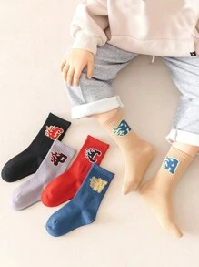 5 Pairs Kids Letter Jacquard Socks, Boy & Girl High Elastic Sports Breathable Mid-Calf Socks, All Seasons - Multicolor - View 1