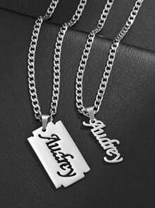 1pc 电镀18k金不锈钢项链，欧美钛钢拼图毛坯项链DIY镂空字母吊坠情侣饰品，多种字体可供定制，含精美高档盒子，适合朋友、亲戚、朋友、家人、情侣、节日礼物-银色 - 銀色 - 查看 2