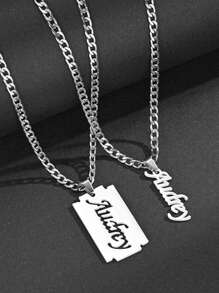 1pc 电镀18k金不锈钢项链，欧美钛钢拼图毛坯项链DIY镂空字母吊坠情侣饰品，多种字体可供定制，含精美高档盒子，适合朋友、亲戚、朋友、家人、情侣、节日礼物-银色 - 銀色 - 查看 3