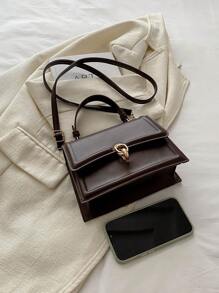 优雅纯色时尚手提包，女士复古翻盖钱包，带顶部提手的 PU 斜挎包，复古风格女士包 - 咖啡棕 - 查看 5