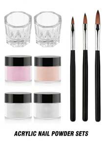 Kit d'ongles en acrylique - Poudre acrylique et set de pinceaux professionnels pour la décoration des ongles en acrylique pour extension des ongles pour les débutants DIY à la maison, poudre acrylique avec 3 pinceaux pour décoration des ongles et 2 gobelets/contenants pour nettoyer les pinceaux, outils pour la décoration des ongles, pour le salon de manucure, manucure à la maison