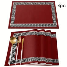 4 件几何图案餐垫，中式亚麻矩形桌面装饰，适合餐桌 - 紅色 - 查看 13
