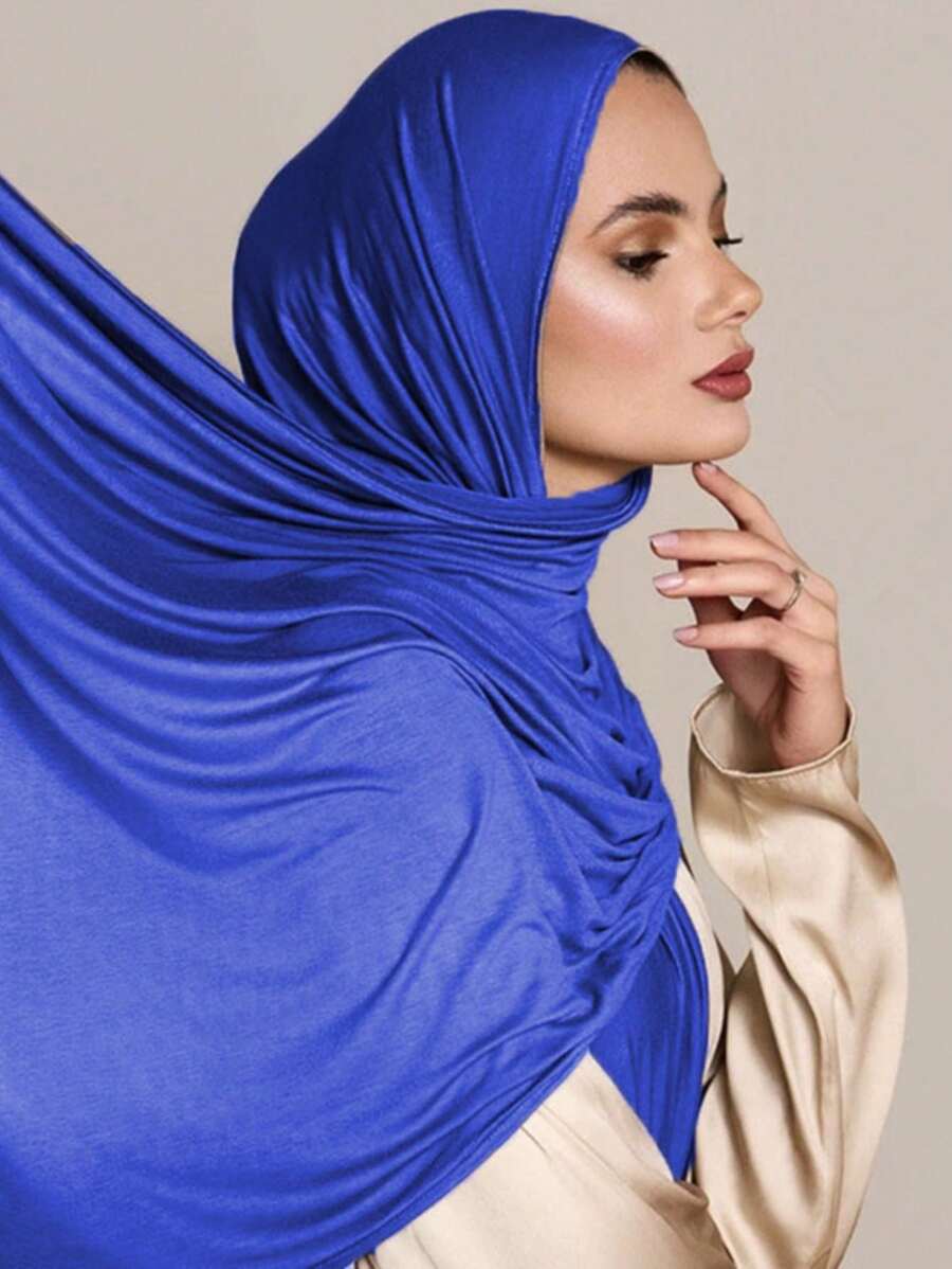 1pc Women's Plus Size Knitted Headscarf/Shawl, Soft Casual Solid Color Headwrap, Scarf, Robe Accessory, Face Veil, Beach, Holiday, Travel Essential - Royal Blue - View 1