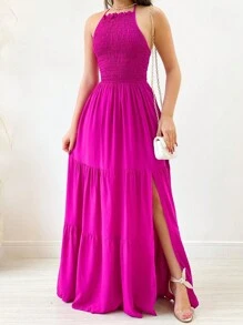 Elastek Elegant Slit Halter Neck Long Dress - Hot Pink - View 2