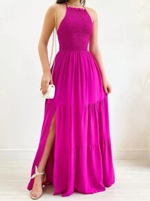 Elastek Elegant Slit Halter Neck Long Dress - Hot Pink - View 1