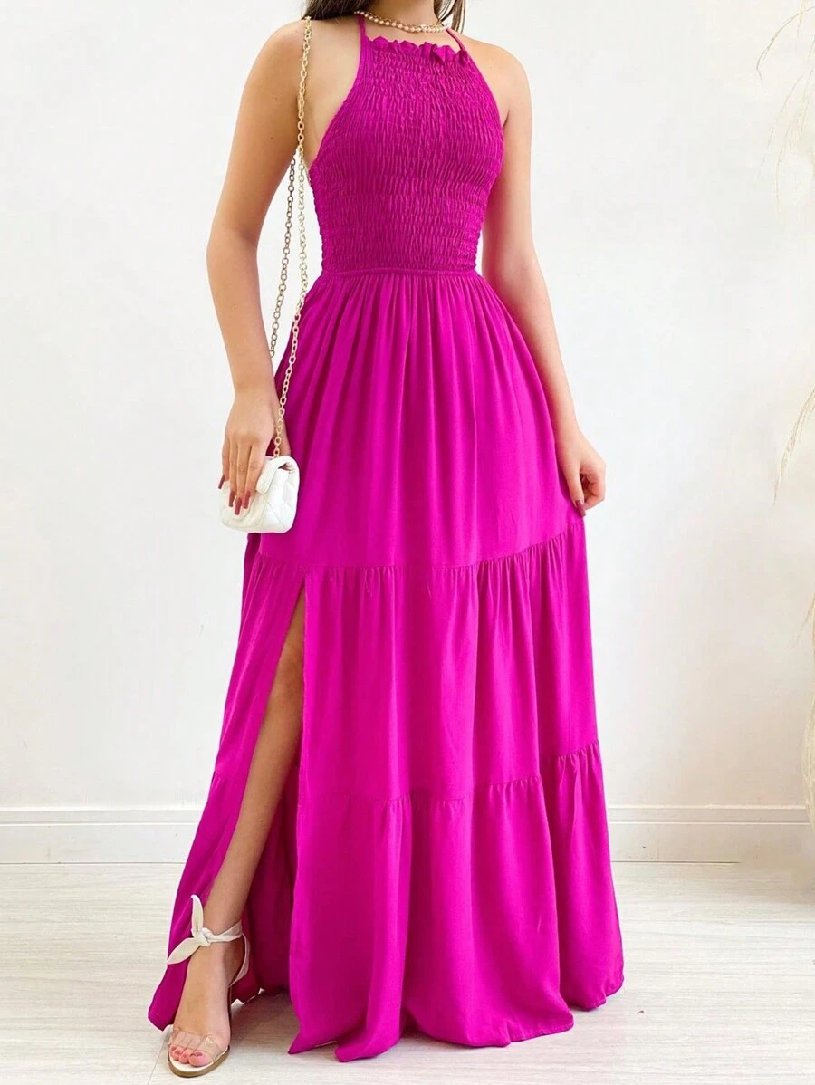 Elastek Elegant Slit Halter Neck Long Dress - Hot Pink - View 1