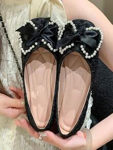 Giày đế vuông đế mềm phong cách ballet màu đen thanh lịch dành cho nữ, trang trí nơ ngọc trai, giày lười công sở thoải mái, giày đế mềm thời trang khi lái xe đi nghỉ - màu đen - Xem 5