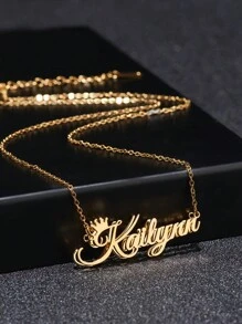 One 18K Gold-Plated Stainless Steel Necklace, A Stylish DIY Personalized Stainless Steel Double-Sided Letter Name Necklace With A Crown Name Pendant. Multiple Fonts Are Available. Comes With An Exquisite High-End Gift Box. Suitable For Friends, Relatives, Family, And As A Holiday Gift. Stylish And Perfect For Autumn, Anniversaries, Birthdays, Graduations, Proms, Parties, And New Year's Celebrations. - Gold - View 2