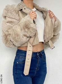 Chamarra con brillos estilo beker con peluche - Beis - Ver 3