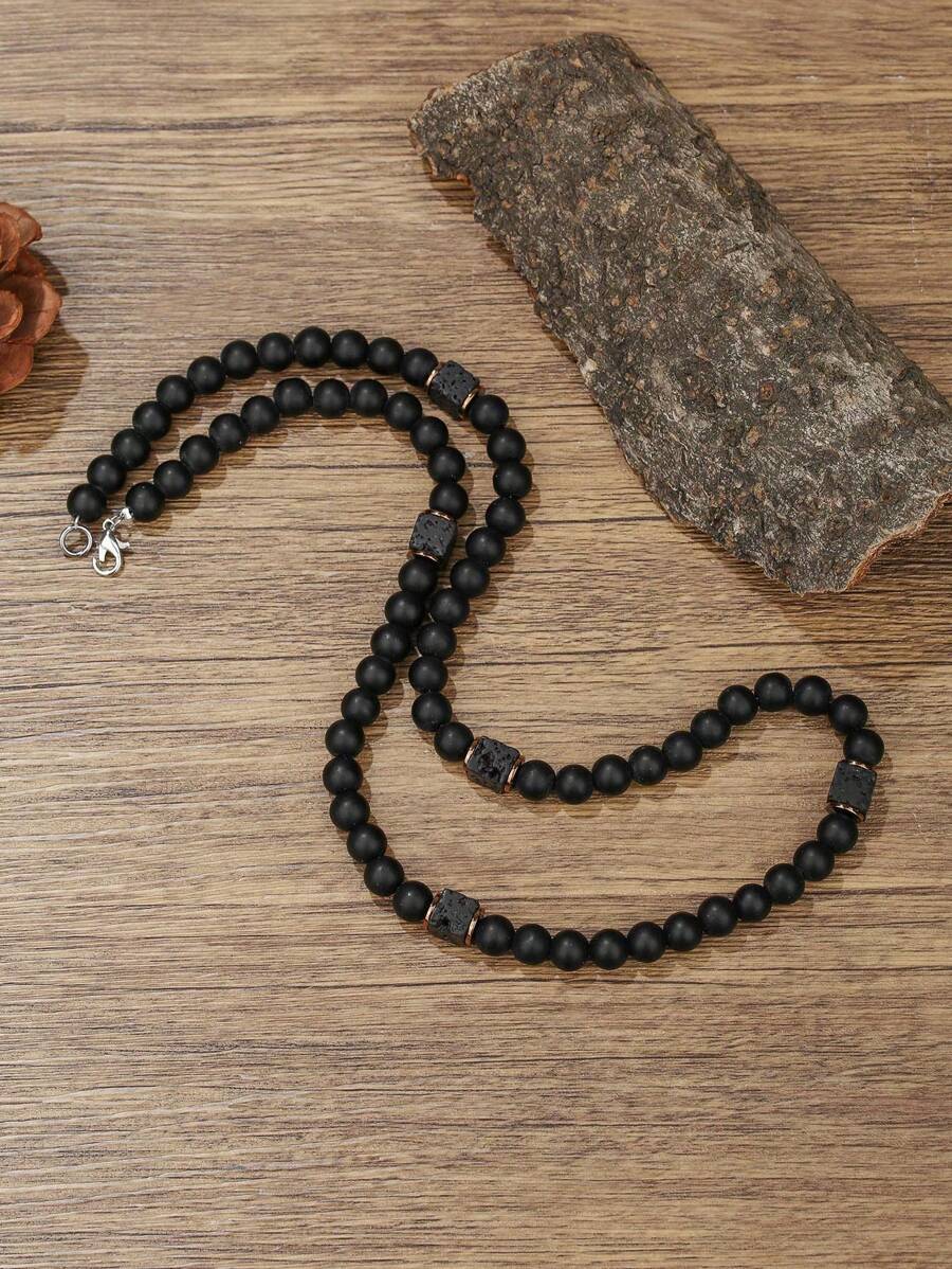 1pc/ 8MM Matte Black Onyx With Cube Lava Balance Necklace, Gemstone Necklace, Healing Necklace,  Holiday Party Jewelry Gifts For Friends And Family