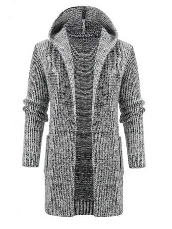 Men's Autumn/Winter Hooded Cardigan, Thick Warm Front Open Long Sleeve Knitted Slim Fit Jacket With Pockets