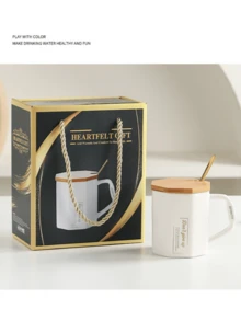 1 件陶瓷咖啡杯带盖和勺子，创意八角杯，北欧风格，适用于办公室、家庭、情侣作为礼物，白色/黑色 - 彩色 - 查看 6
