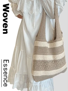 Damska ręcznie robiona torba dzianinowa, letnia torebka w paski z pustym wzorem